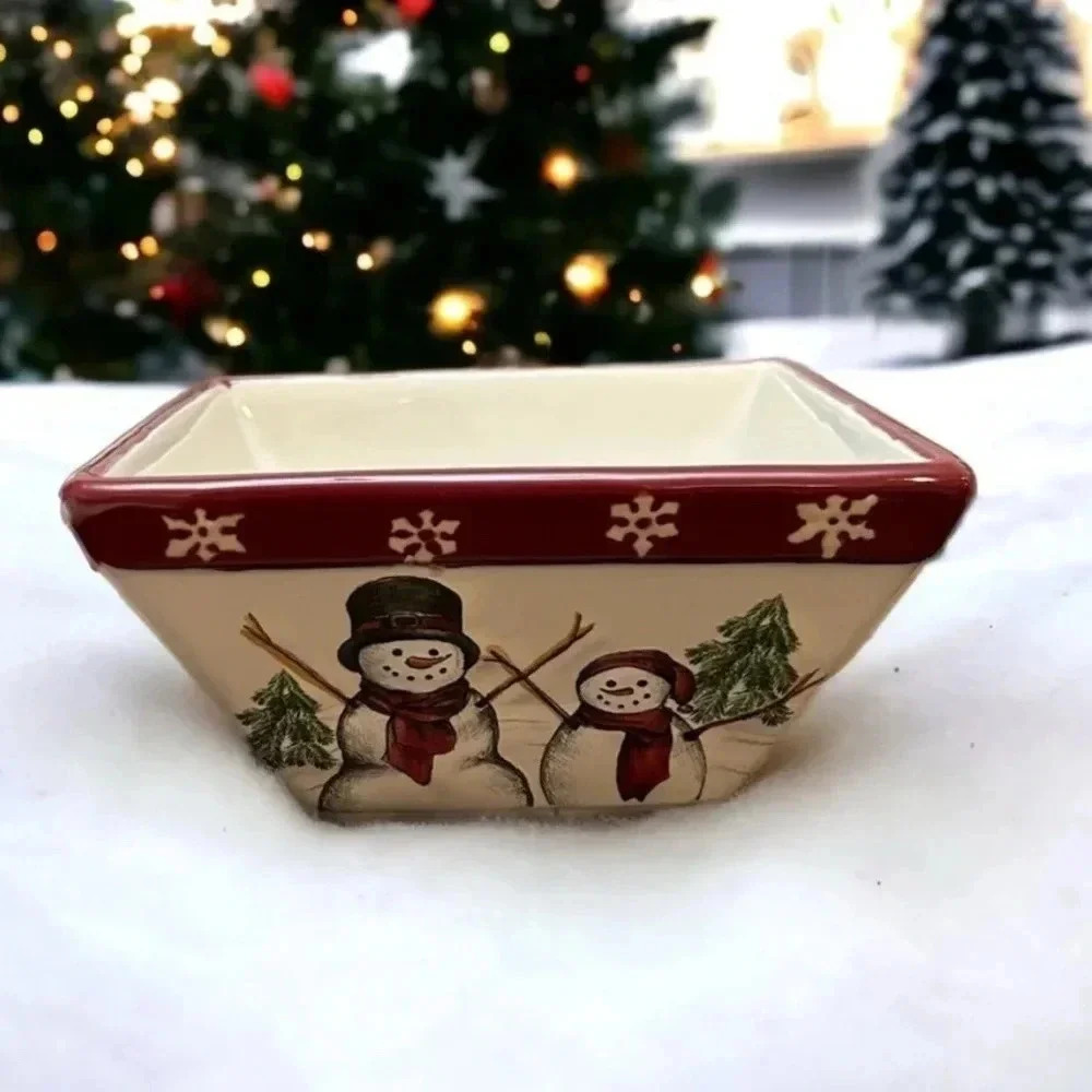 St. Nicholas Square Yuletide 6x6 square snack dish. Hand painted w/snowmen NWOT
